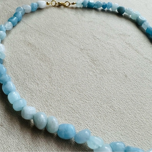 Aquamarine Beaded Necklace 14k Gold Plated Chain 18 Inch - Picture 7 of 17